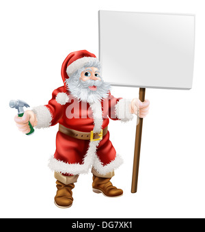 Cartoon Santa avec un marteau et signe, pour l'entreprise de construction, de charpentier ou matériel shop vente de Noël ou de promotion Banque D'Images