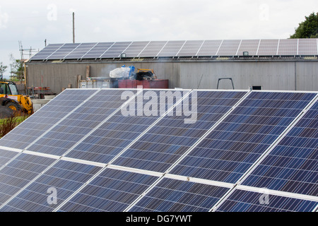 Des panneaux solaires sur un hangar et dans le jardin d'une maison près de Aldbrough, Yorkshire, UK. Banque D'Images