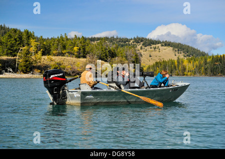 La photographie et l'observation des grizzlis à partir d'un bateau, Chilcotin Wilderness, l'intérieur de la Colombie-Britannique, Canada Banque D'Images