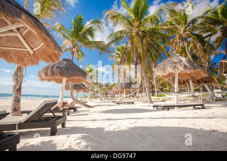 Des chaises longues sous un parasol sur la plage de sable Banque D'Images