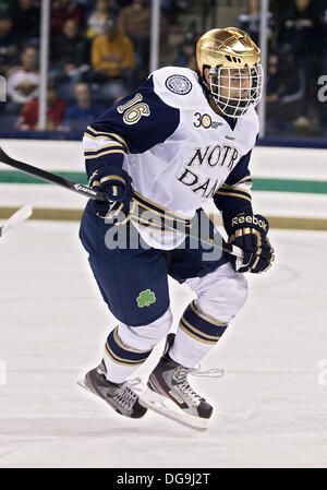 South Bend, Indiana, USA. Oct 11, 2013. 11 octobre 2013 : Notre Dame de l'aile droite Michael Voran (16) match de hockey NCAA au cours de l'action entre la lutte contre Notre Dame et l'irlandais dans l'ouest du Michigan Broncos à Compton Famille Ice Arena à South Bend, Indiana. Notre Dame de l'Ouest Michigan défait 4-0. © csm/Alamy Live News Banque D'Images
