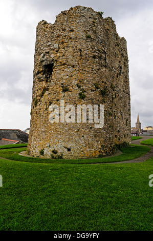 Les ruines de la seule tour de Tenby château surplombant la baie de Carmarthen et la ville depuis son promontoire rocheux. Banque D'Images