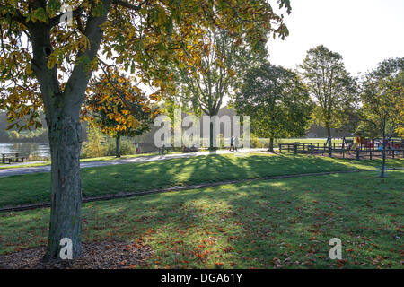 Peterborough (Cambridgeshire, Angleterre. 17 octobre 2013. Un couple et leur chien flâner passé l'un des terrains de jeux pour enfants dans la région de Ferry Meadows, à Peterborough. Credit : Lovelylight/Alamy Live News Banque D'Images