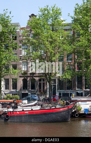 Maisons et arbres près du canal à Amsterdam Banque D'Images