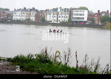 Les rameurs sur la Tamise près de Hammersmith Bridge, Londres. Banque D'Images