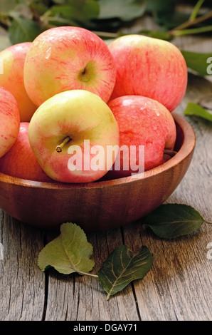 Le rouge des pommes mûres dans un bol sur une table en bois Banque D'Images