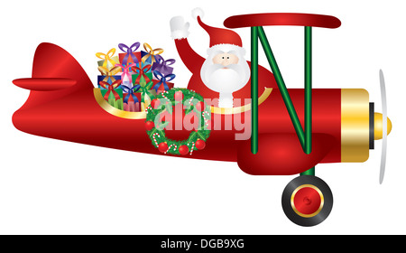 Santa Claus Waving sur la prestation biplan Gifts isolé sur fond blanc Illustration Banque D'Images