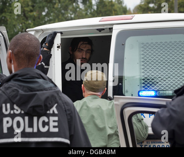 L'homme en état d'arrestation, assis à l'arrière du fourgon de police - Washington DC, USA Banque D'Images