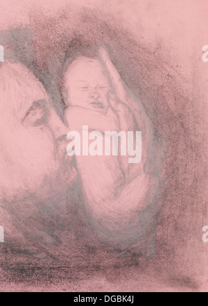 Illustration à la main du père tenant son bébé et l'embrassant sur son dos, technique de crayon Banque D'Images