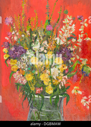 Peinture à l'huile illustrant un bouquet de fleurs dans un vase de verre sur fond rouge Banque D'Images