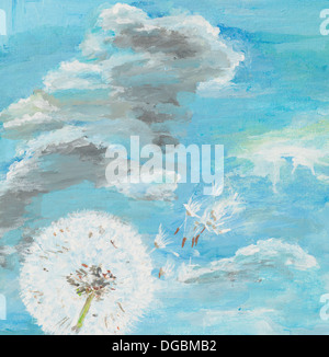 Peinture Aquarelle illustrant un pissenlit sur nuageux ciel bleu Banque D'Images