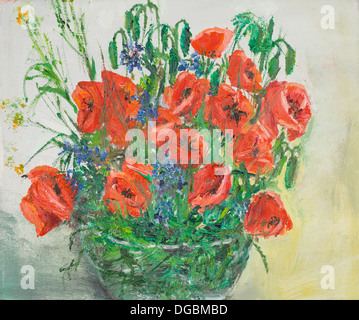 Peinture à l'huile illustrant un bouquet de coquelicots dans un vase de verre Banque D'Images