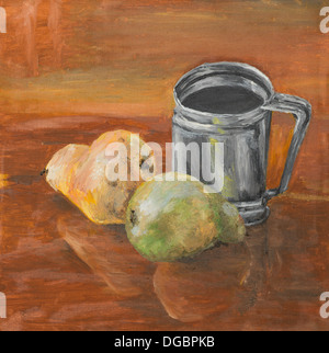 Peinture à l'huile, nature morte avec deux poires et une tasse en métal sur une table Banque D'Images