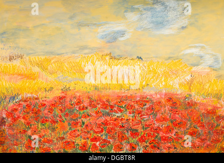 Pastel animé dessiné à la main illustration de beau terrain avec red poppies Banque D'Images