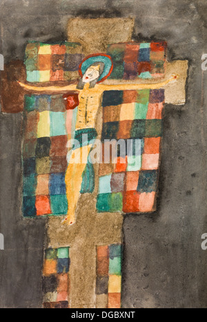 Peinture Aquarelle illustrant scène religieuse, Jésus Christ crucifié Banque D'Images