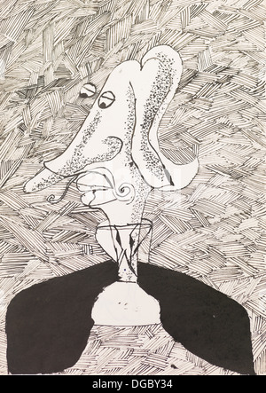 Stylo à la main illustration d'un drôle à Butler, vue latérale, arrière-plan onpsychedelic Banque D'Images