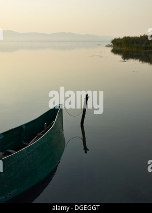 Bateau en bois et roseaux dans la lumière du matin Banque D'Images