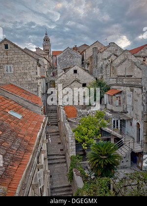 Coucher du soleil sur la ville de Korcula Banque D'Images