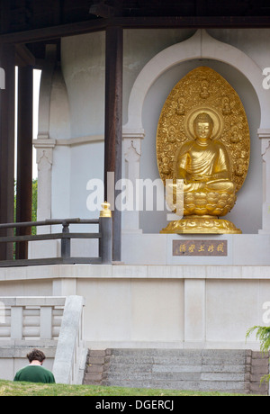 Homme méditant devant la statue de Bouddha d'or de la Pagode de la paix Battersea Park Londres Angleterre Europe Banque D'Images