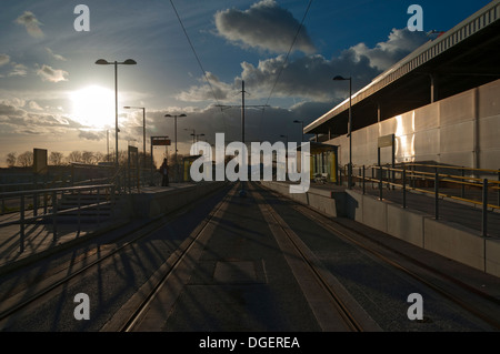 Au Vélodrome de tram, sur la ligne East Manchester Eastlands,, Manchester, Angleterre, RU Banque D'Images