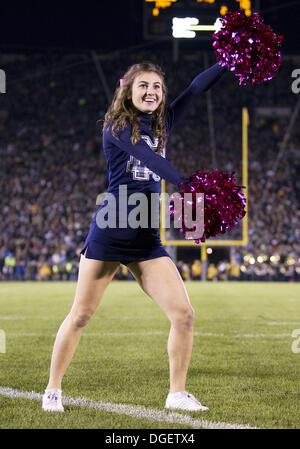 South Bend, Indiana, USA. 19 Oct, 2013. 19 octobre 2013 : Notre Dame cheerleader effectue au cours de NCAA Football action de jeu entre la Cathédrale Notre Dame Fighting Irish et l'USC Trojans au stade Notre-dame à South Bend, Indiana. Notre Dame a défait l'USC 14-10. © csm/Alamy Live News Banque D'Images