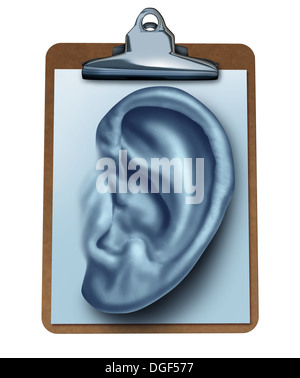Sondage de la clientèle business concept comme un presse-papiers de bureau avec une note papier dans la forme d'une oreille humaine comme une métaphore de l'écoute de l'opinion et la satisfaction des clients commentaires trouvés dans les examens et évaluations de service isolé sur blanc. Banque D'Images