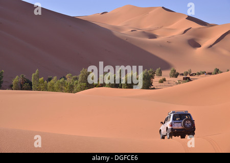 Voiture dans la grande mer de sable, dunes, Sahara, Merzouga, Maroc, région de Meknès-Tafilalet Banque D'Images