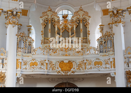 L'intérieur, de l'orgue, l'église de Wieskirche ou église de pèlerinage de Wies, UNESCO World Heritage Site, Wies, Steingaden Banque D'Images