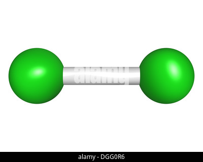 Chlore (Cl2), le modèle moléculaire. Les atomes sont représentés comme des sphères avec codage couleur classiques : le chlore (vert) Banque D'Images
