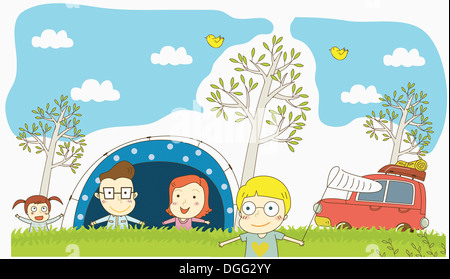 Une illustration d'une famille camping Banque D'Images