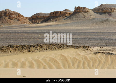 Paysage désertique entre l'Oasis de Farafra et Dakhla Oasis, le désert de l'Ouest, l'Egypte, l'Afrique Banque D'Images