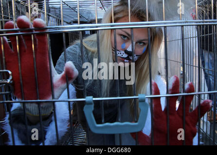 Saint-pétersbourg, Russie. 20 Oct, 2013. Les défenseurs des droits des animaux une étape au cours d'une performance mars anti-fourrure à Saint-Pétersbourg. Les participants se sont réunis pour protester contre l'abattage des animaux pour la production de vêtements de fourrure utilisée en hiver et dans le secteur de l'habillement, selon les organisateurs. Credit : Andreï Pronin/ZUMA/ZUMAPRESS.com/Alamy fil Live News Banque D'Images