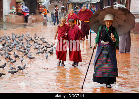 Pilgrim transportant un parapluie et des moines à pied autour du stupa de bodnath sous la pluie, Katmandou, Népal, Asie Banque D'Images