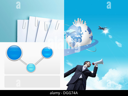 Un homme d'affaires de crier dans un mégaphone Banque D'Images