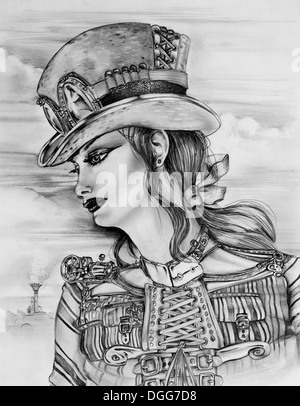 Croquis au crayon original dessiné par moi-même d'une femme Steampunk dans un chapeau sur mesure. Banque D'Images