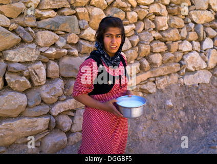 La collecte de lait de chèvre femme dans l'ancien village kurde de Palangan, Iran Banque D'Images