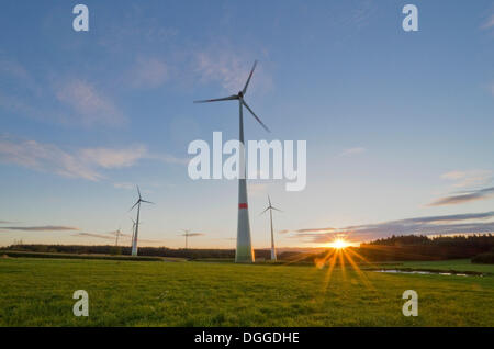 Éoliennes dans le paysage agricole, au coucher du soleil, Leupoldsgruen, Saxe Banque D'Images