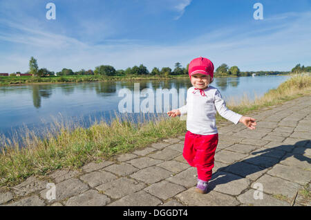 Petite fille, 14 mois, faisant ses premiers pas sur un sentier au bord de la rivière le long de l'Elbe, Dresde, Saxe Banque D'Images