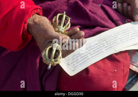 Tibetean lire moine les saintes écritures en langue tibétaine, au pied du stupa Boudnath, Vallée de Katmandou, Katmandou Banque D'Images