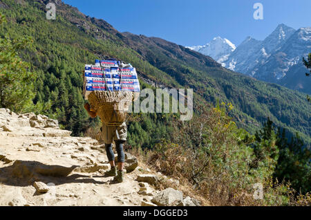 Porter transportant plus de 100 kg de charge lourde jusqu'beerbottles une voie ascendante, Namche Bazar, district de Solukhumbu Banque D'Images