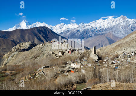 Dhaulagiri Mountain, 8167 m, Jhong Village au premier plan, vu de Muktinath, Muktinath, Mustang, Népal Banque D'Images