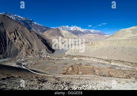 Kaghbeni, petite ville dans le Kali Ghandaki Vallée et montagnes enneigées autour, vu de dessus, Kagbeni, Mustang, Népal Banque D'Images