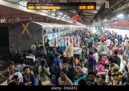 Plate-forme bondée à New Delhi Railway Station, New Delhi, Delhi, Inde Banque D'Images