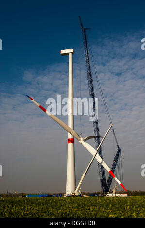 Le levage les pales de rotor d'une nouvelle éolienne, Grevenbroich, Rhénanie du Nord-Westphalie Banque D'Images