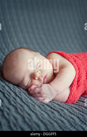 Baby Boy lying on couverture grise, dormir Banque D'Images