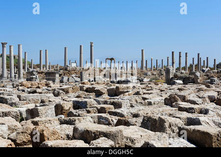 Les ruines et l'avenue de colonnes dans l'Agora, la place de marché dans le site d'excavation dans la ville antique de Pergé, Aksu Banque D'Images