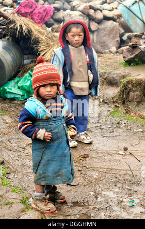 Fille et garçon en Pampa Blanca village, Munizip Charazani, La Paz, Bolivie, Amérique du Sud Banque D'Images