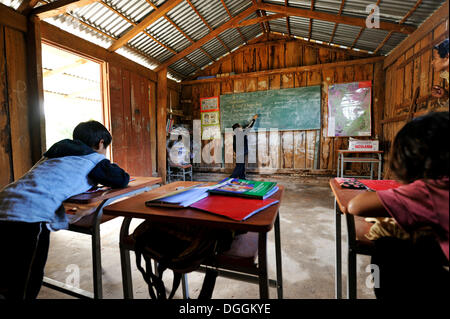 Classe d'une école primaire en milieu rural dans la communauté d'Indiens Mbya-Guarani, Al Andalus, département de Caaguazú, Paraguay Banque D'Images