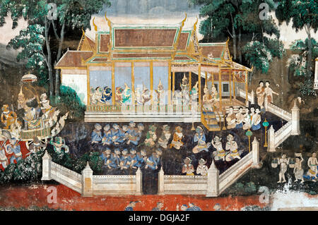 Peinture murale représentant des scènes de la version khmère ou Reamker version du Ramayana indien classique opae au la galerie couverte de Banque D'Images