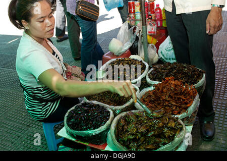 Distributeur de décrochage et de cafards grillés salés comme collation, Phnom Penh, Cambodge, Asie du sud-est Banque D'Images